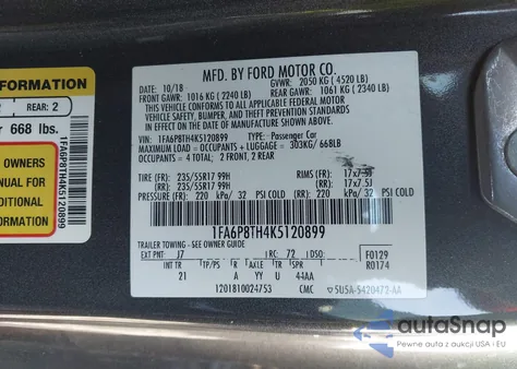 2019 Ford Mustang Ecoboost z USA, uszkodzony, nr VIN 1FA6P8TH4K5120899